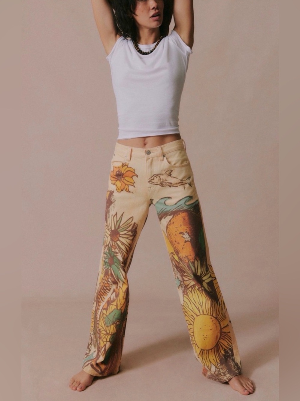 BNWT Free People We The Free Tinsley Printed Jeans Yellow Floral Sunflower Artsy